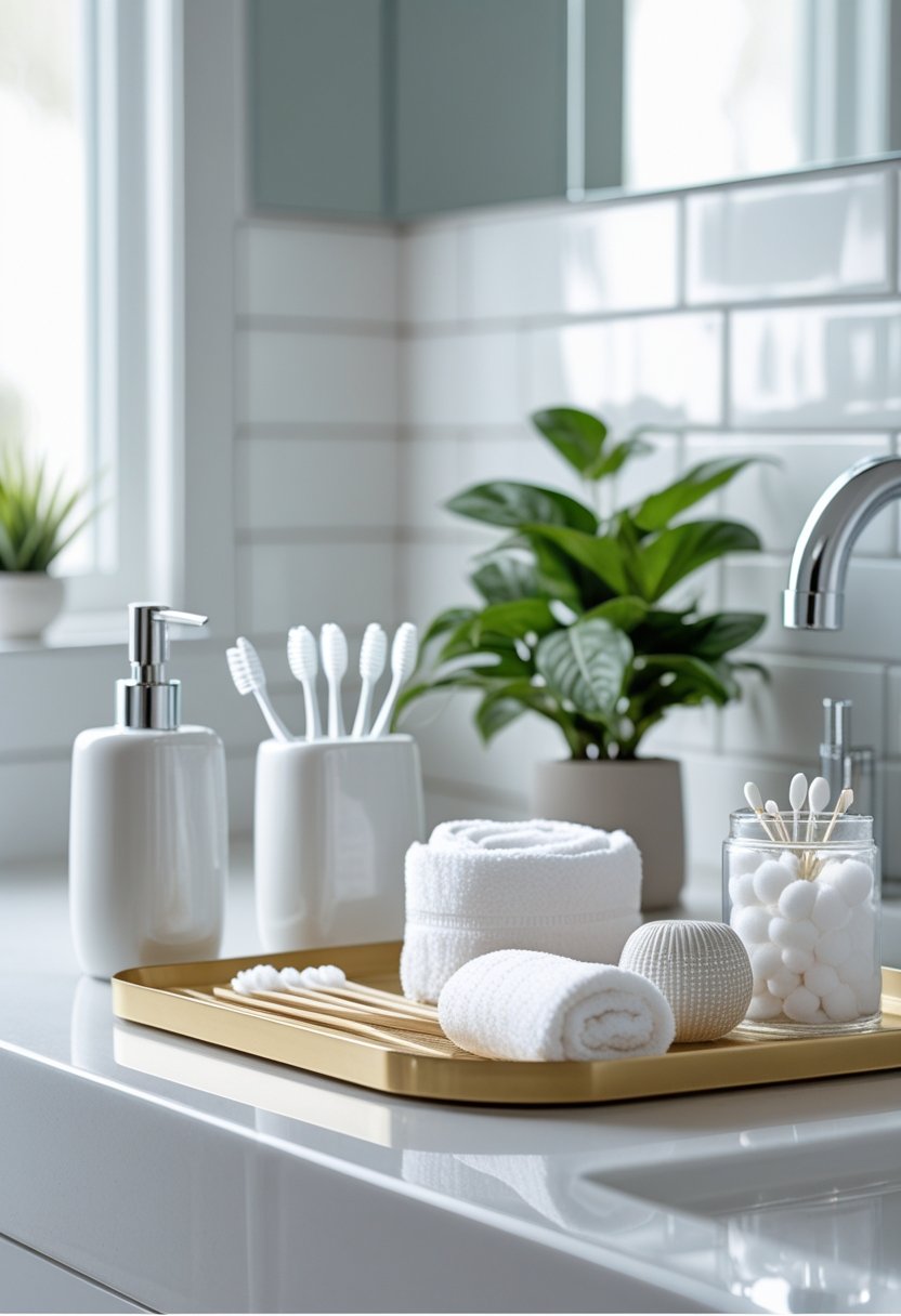 A bathroom countertop with seven different bathroom accessories including a soap dispenser, toothbrush holder, plant, towel, tray with cotton swabs and balls, candle, and jar of bath salts.