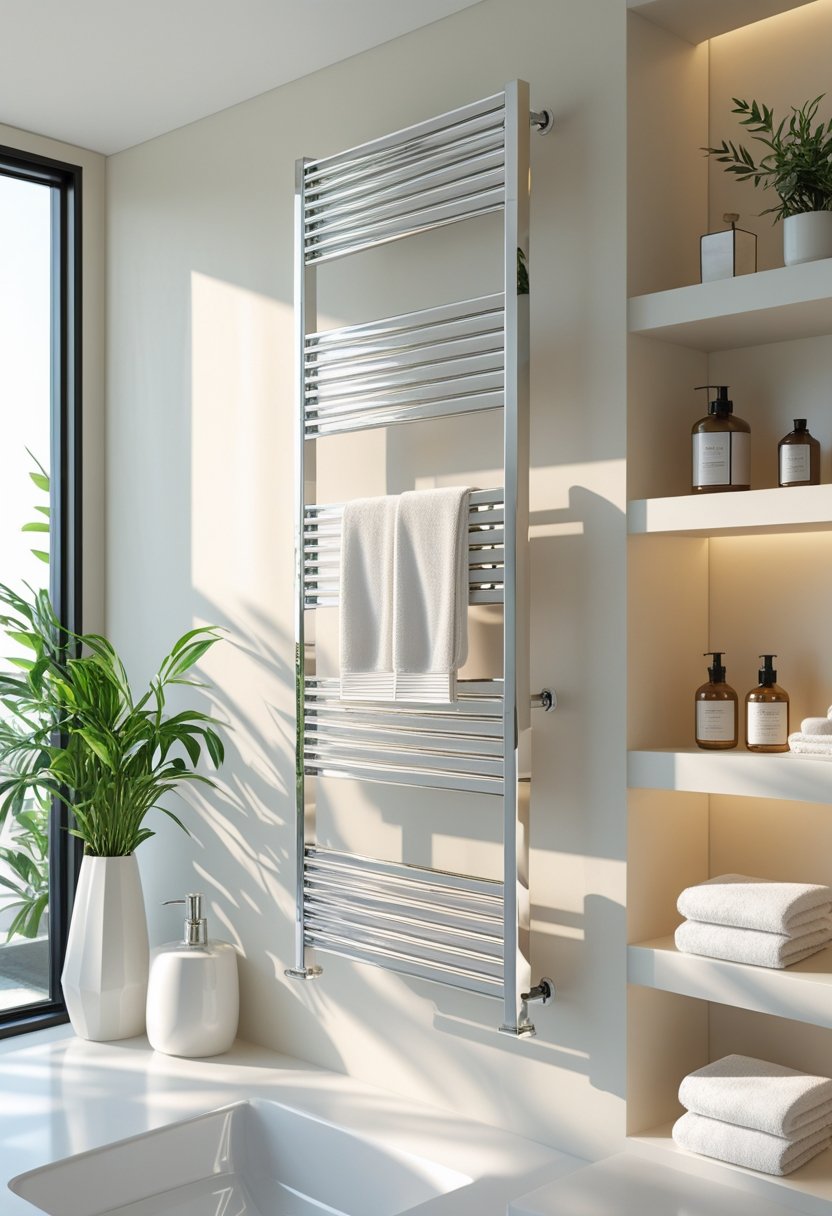 A modern bathroom with wall-mounted towel warmers and various bathroom accessories arranged neatly.