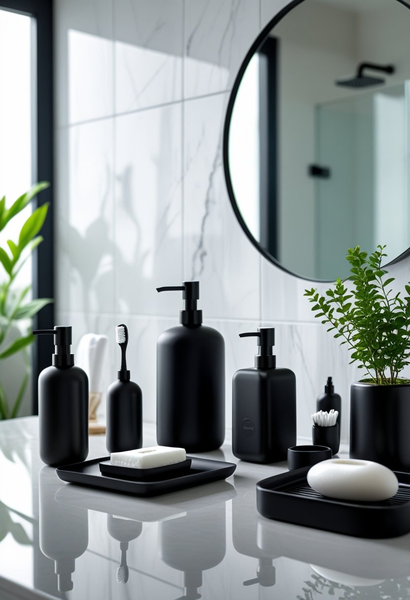 A bathroom countertop with matte black soap dispensers and six matching bathroom accessories arranged neatly.
