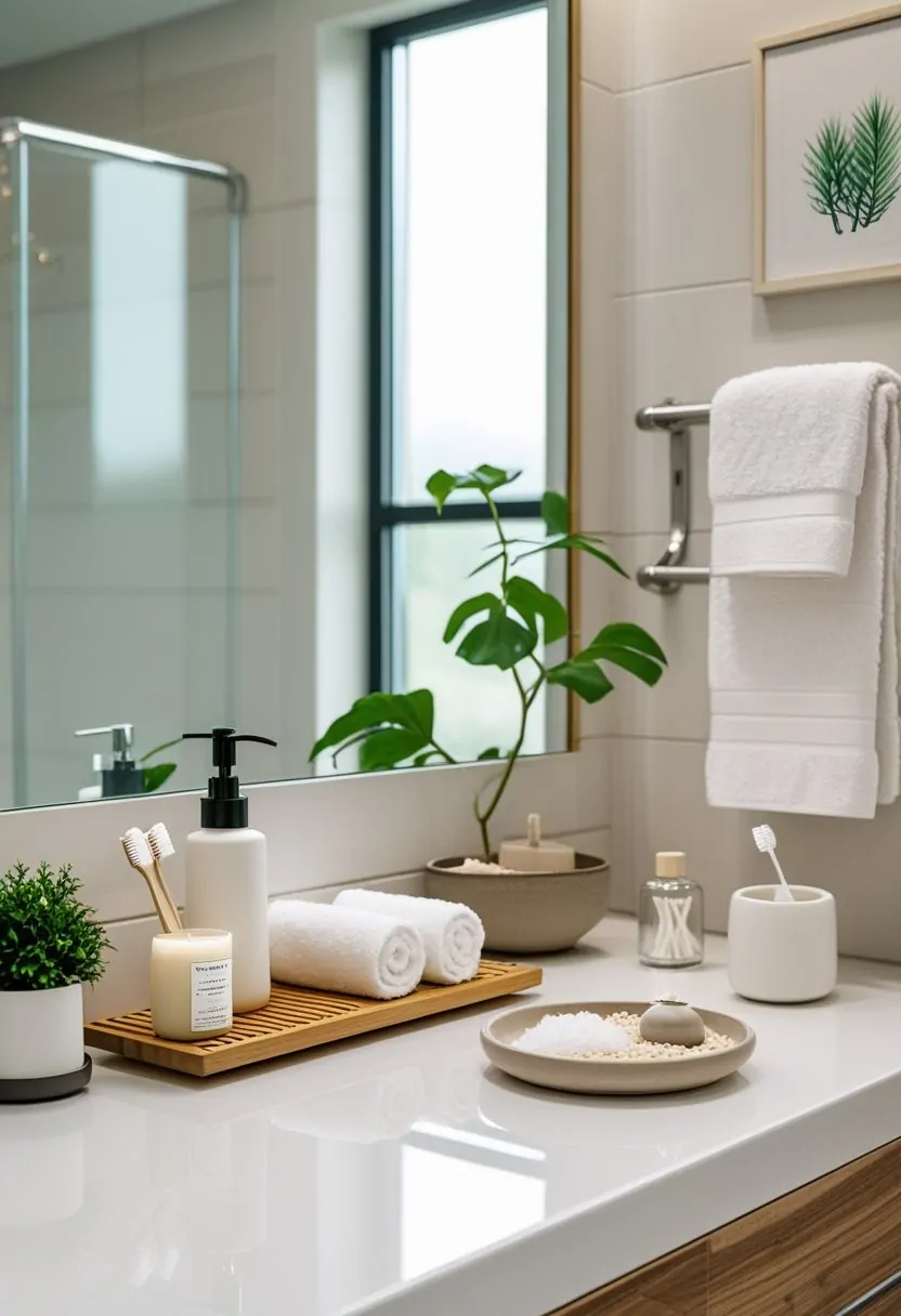 A bathroom countertop and shelves displaying ten different bathroom accessories including soap dispenser, toothbrush holder, plant, towels, bath brush, bath salts, cotton swabs jar, candle, towel rack, and waste bin.