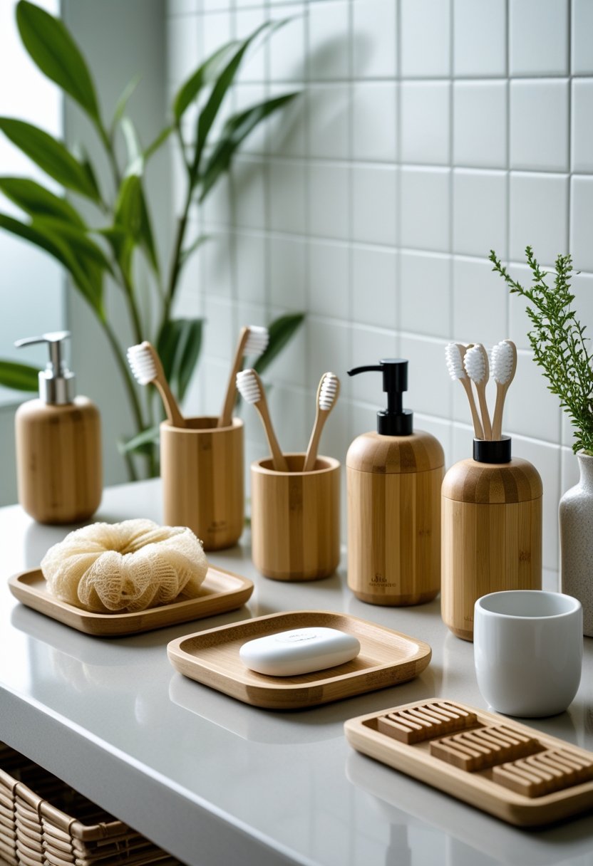 A bathroom countertop with bamboo toothbrush holders and six other eco-friendly bathroom accessories arranged neatly.