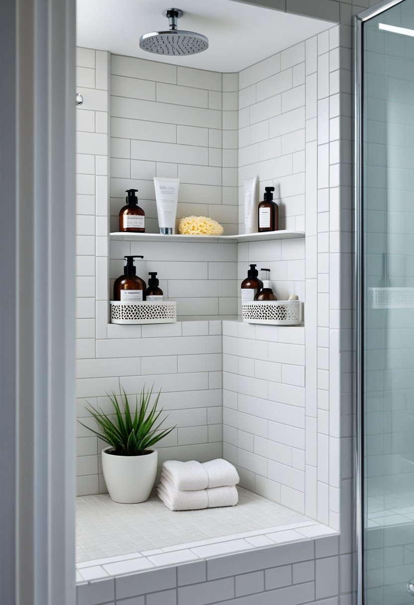 A modern bathroom shower with a recessed niche holding neatly arranged shower caddies and bathroom accessories.