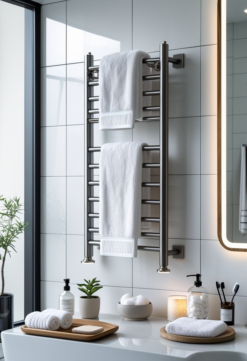 A bathroom wall with a heated towel rack holding white towels surrounded by various bathroom accessories including a soap dispenser, toothbrush holder, plant, candle, and mirror.