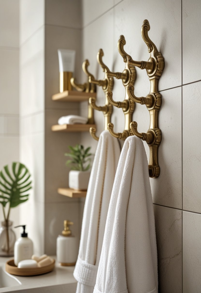 A set of vintage brass robe hooks mounted on a bathroom wall with a towel hanging on one hook and various bathroom accessories arranged nearby.