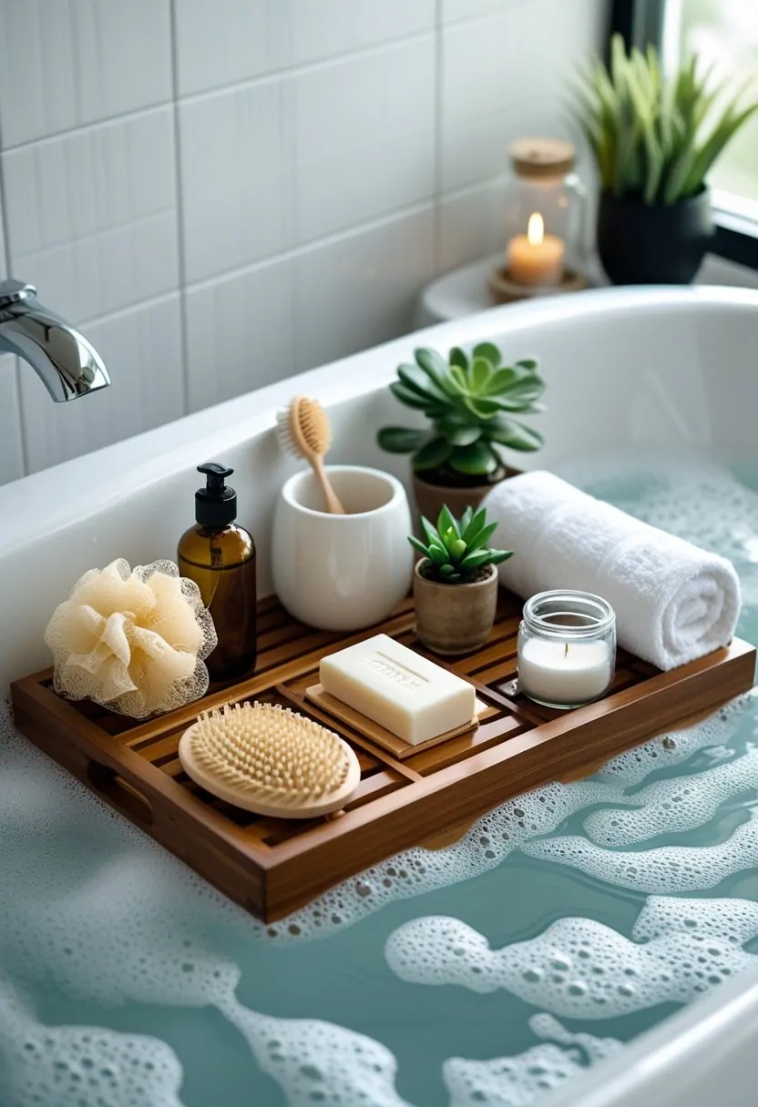 Wooden bath caddy tray across a bathtub holding various bathroom accessories like soap, towel, plant, candle, and brush in a bright bathroom.