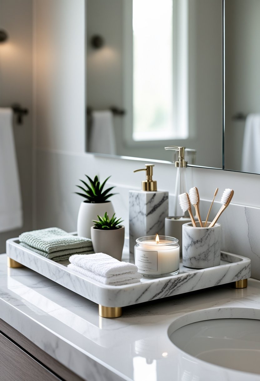 Marble countertop trays holding organized bathroom accessories on a clean vanity.