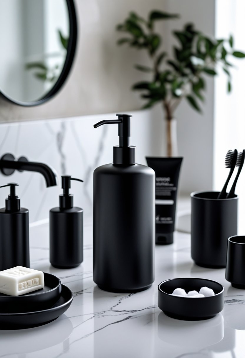 A matte black soap dispenser and nine matching bathroom accessories arranged on a white marble countertop in a bathroom.
