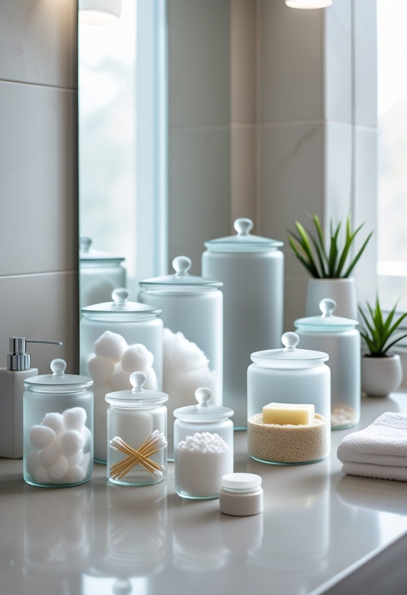 Seven frosted glass jars filled with toiletries arranged on a bathroom countertop alongside other bathroom accessories.