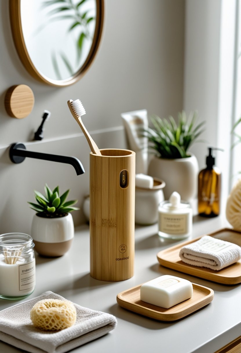 A bamboo toothbrush holder on a bathroom countertop surrounded by nine other bathroom accessories including a soap dispenser, plant, towel, soap dish, cotton swabs, toothpaste, candle, loofah, and tray.