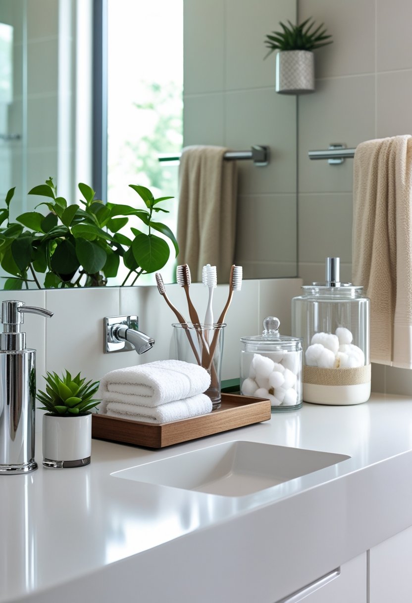 A modern bathroom countertop displaying seven bathroom accessories including a soap dispenser, toothbrush holder, plant, towel, cotton jar, towel rack, and scented candle.