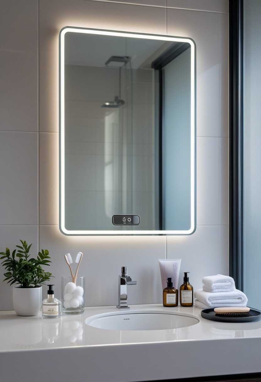 A bathroom countertop with a lit LED vanity mirror and ten bathroom accessories arranged neatly around it.
