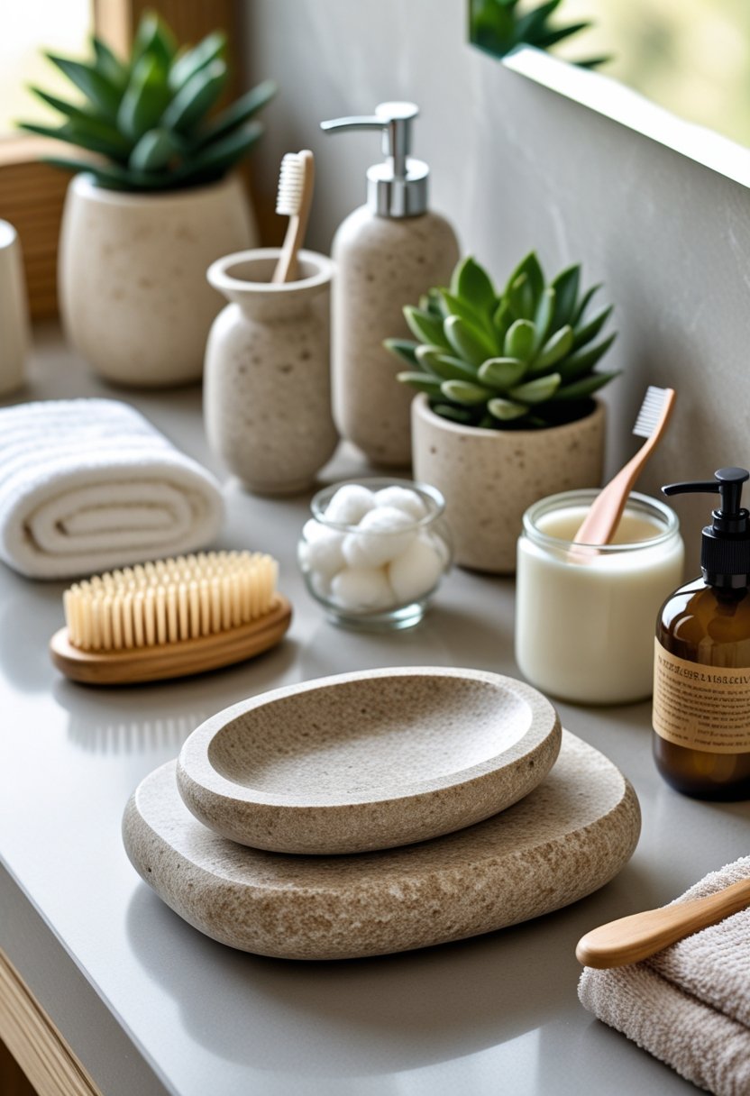 A natural stone soap dish on a bathroom countertop surrounded by various bathroom accessories including a toothbrush holder, lotion dispenser, towel, plant, cotton jar, comb, soap pump, candle, and washcloth.