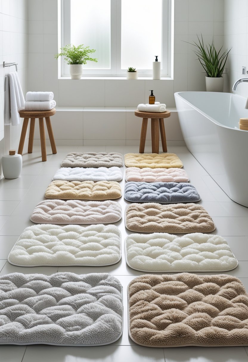 A modern bathroom with ten plush cotton bath mats in various soft colors placed around a bathtub, sink, and floor, accompanied by towels, soap dispensers, plants, and a wooden stool.