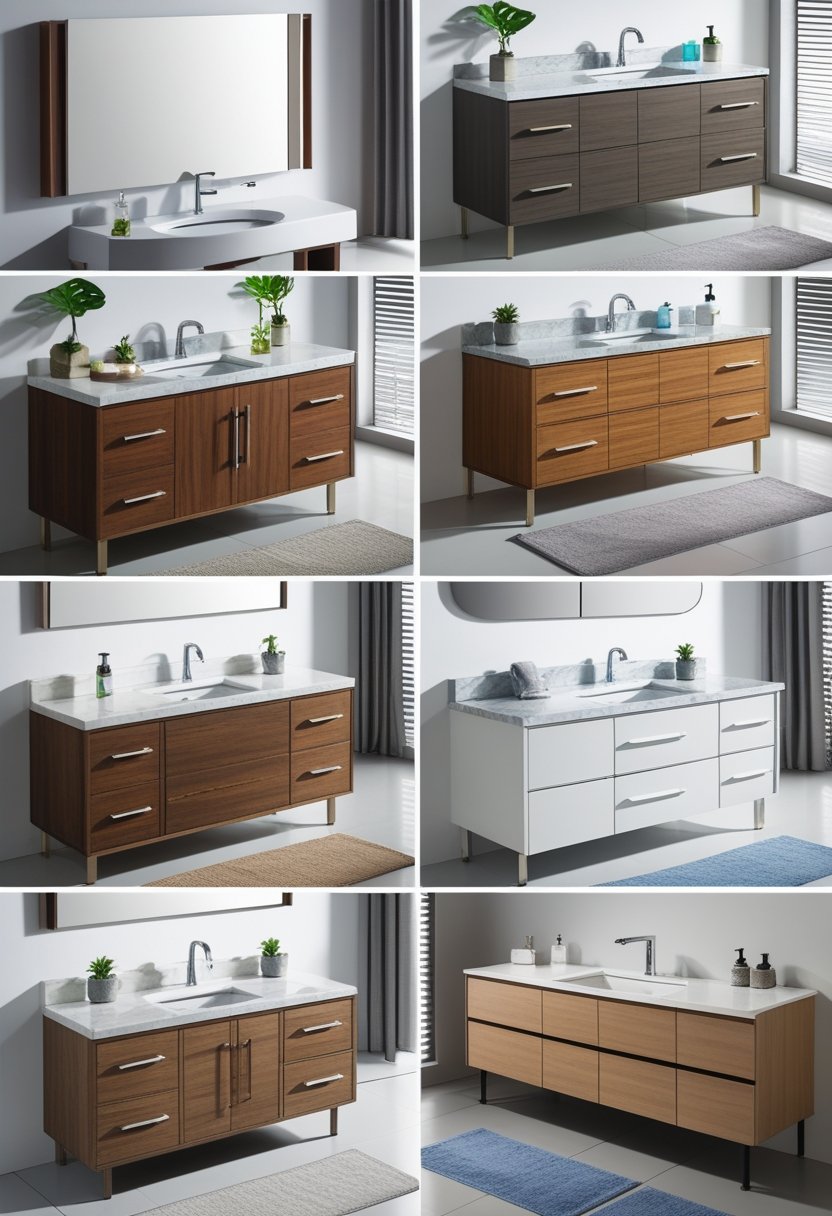A showroom displaying ten different bathroom sink vanities arranged in a row with mirrors and faucets.