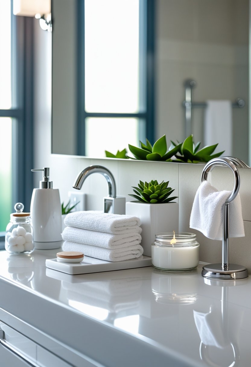 A clean bathroom countertop with seven bathroom accessories including a soap dispenser, toothbrush holder, plant, towels, cotton ball jar, candle, and towel ring near a sink and mirror.