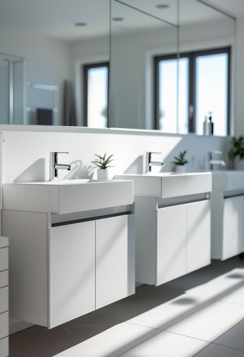 A bright bathroom with multiple IKEA TÅRNAN bathroom vanities with sinks arranged side by side, featuring white countertops, chrome faucets, and mirrors above them.