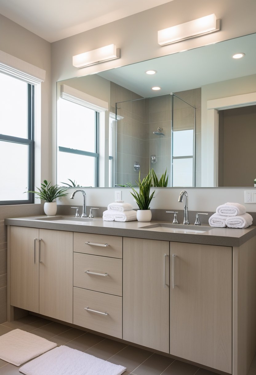 A bathroom with a double sink vanity featuring two sinks, chrome faucets, a stone countertop, and light wood cabinets under natural lighting.