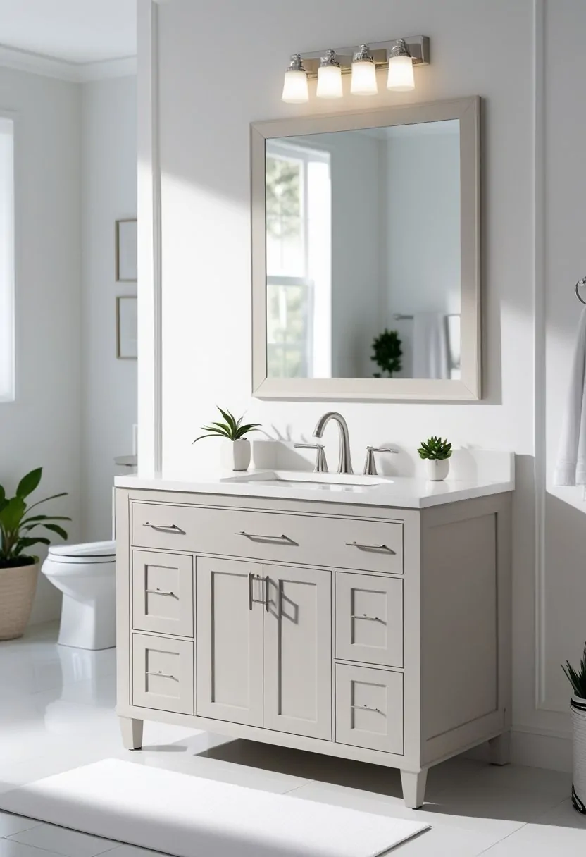 A bathroom vanity with an undermount sink in a bright bathroom setting.