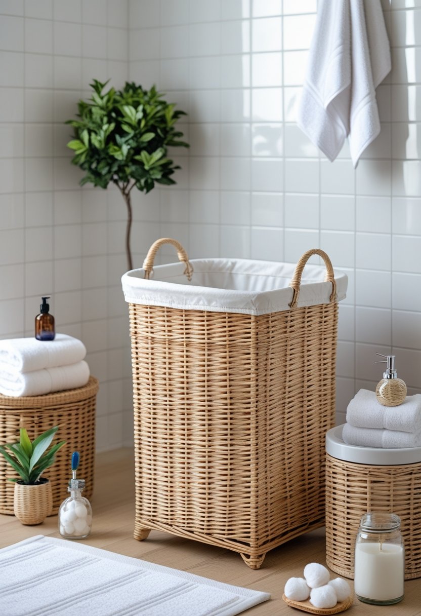 A wicker laundry hamper surrounded by various bathroom accessories including towels, soap dispenser, toothbrush holder, plant, and candle in a clean bathroom.