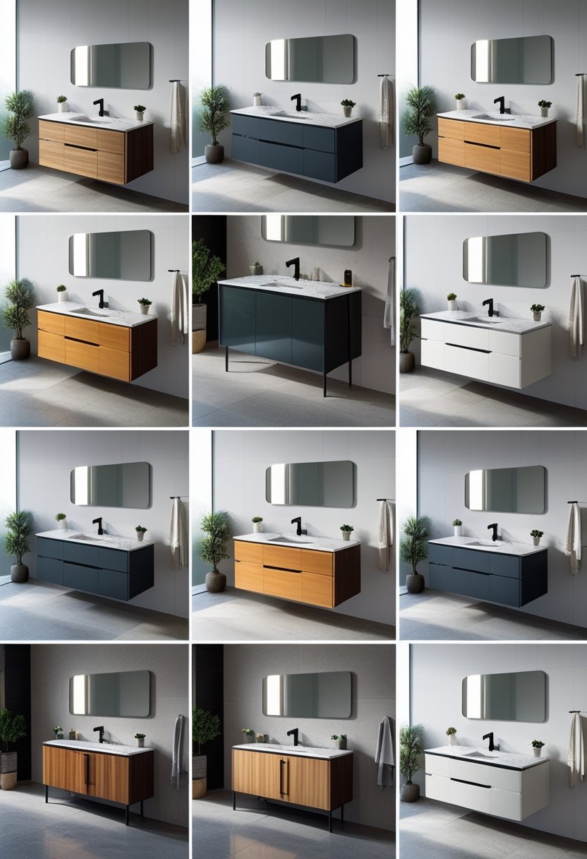 9 Bathroom Sink Cabinets for Stylish and Functional Storage Solutions 1 A bathroom interior featuring nine bathroom sink cabinets with mirrors and faucets, arranged side by side in a clean and well-lit space.