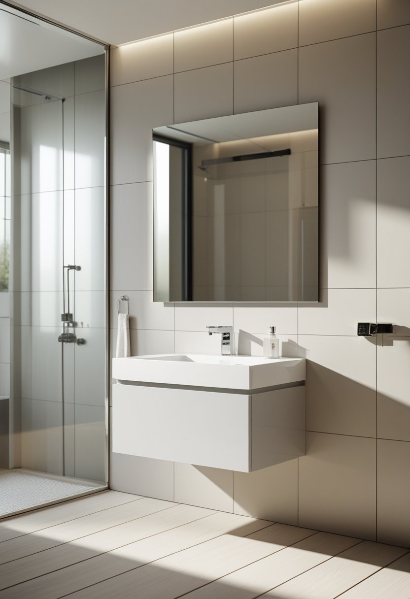 A modern bathroom with a wall-mounted floating vanity and a white rectangular sink under a large mirror.