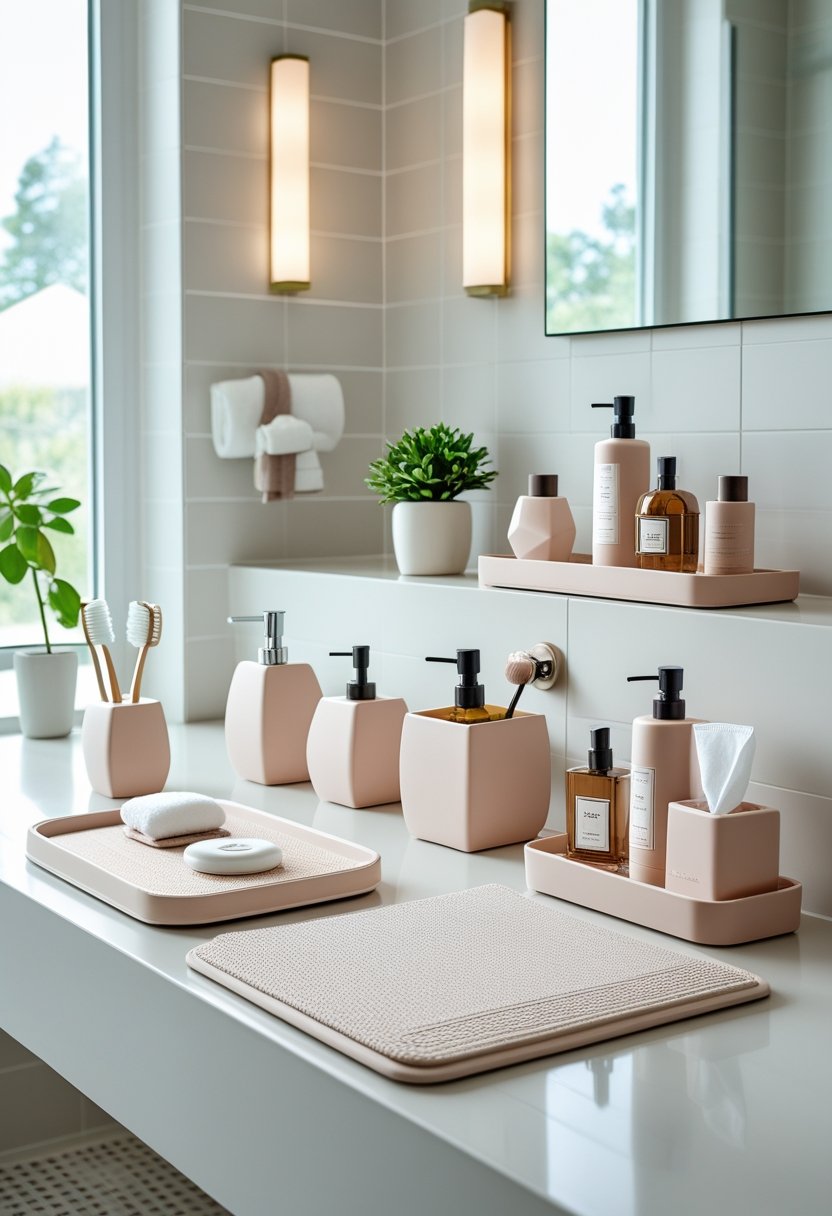 A modern bathroom with coordinated accessories including soap dispenser, toothbrush holder, towels, plant, tissue box, tray with bottles, waste bin, bath mat, shower caddy, and a wall mirror.