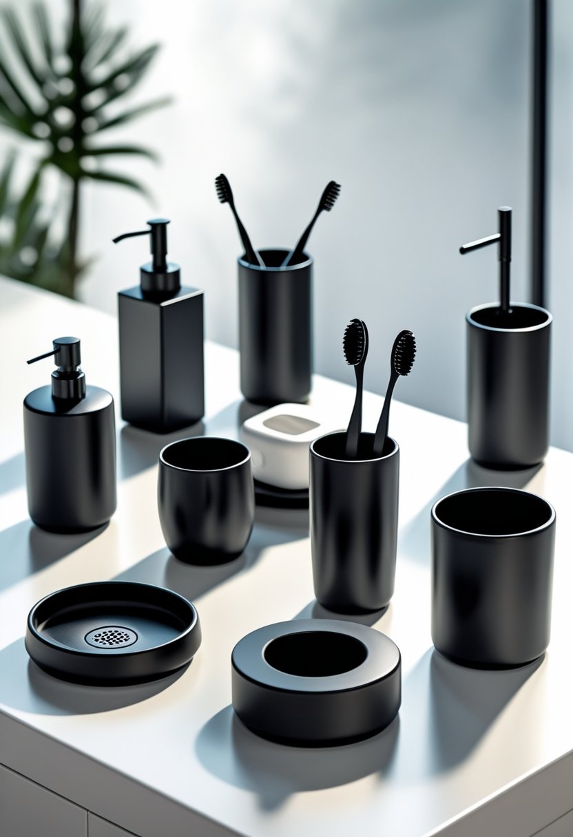 Eight black bathroom accessories arranged on a white countertop including a soap dispenser, toothbrush holder, soap dish, tumbler, tissue box cover, waste bin, toilet brush holder, and towel ring.