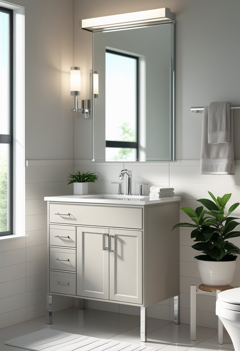A bathroom with a single sink vanity, mirror, and decorative plant on the countertop.