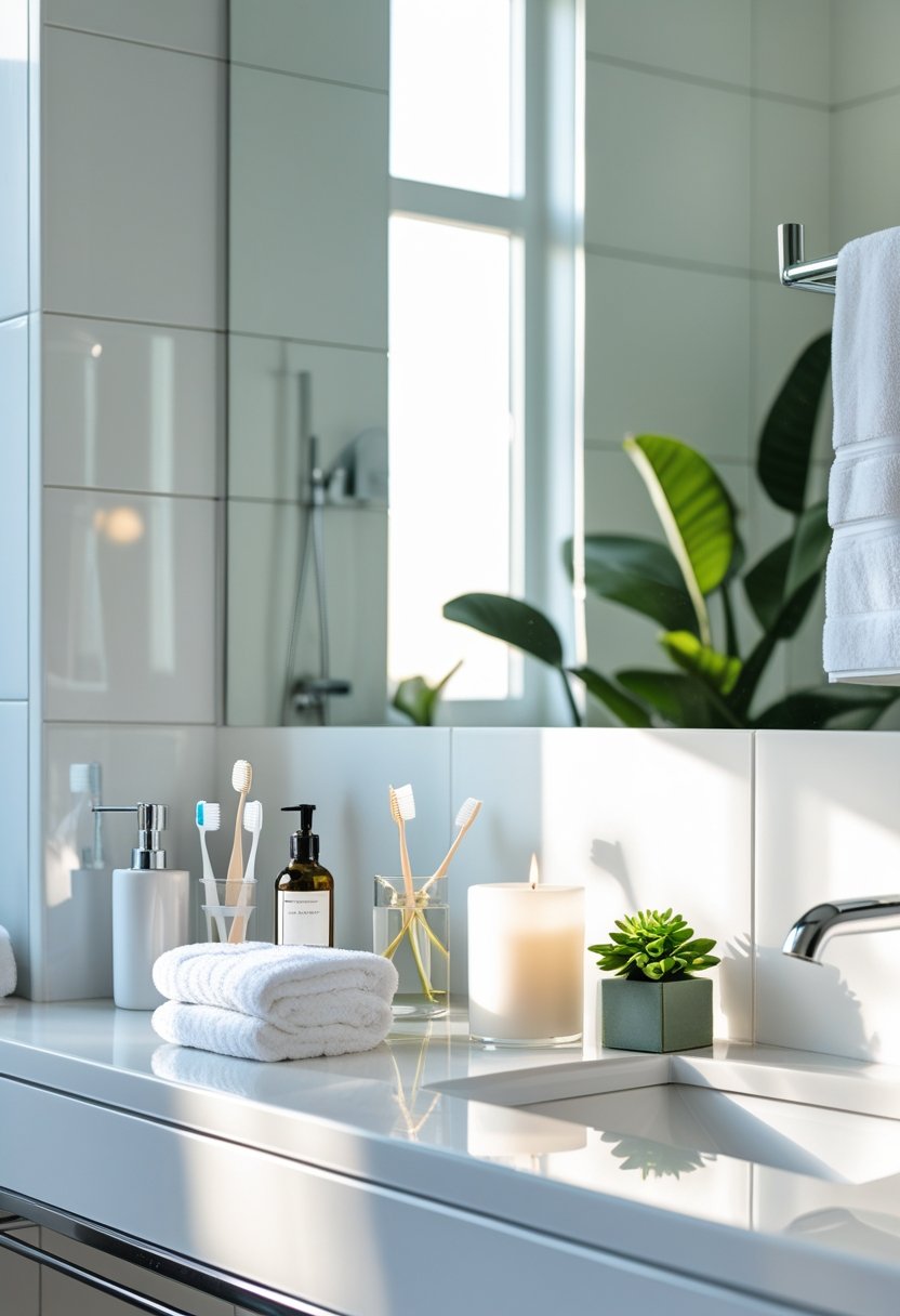 A modern bathroom countertop displaying seven different bathroom accessories including a soap dispenser, toothbrush holder, towel, candle, plant, tissue box, and towel rack.