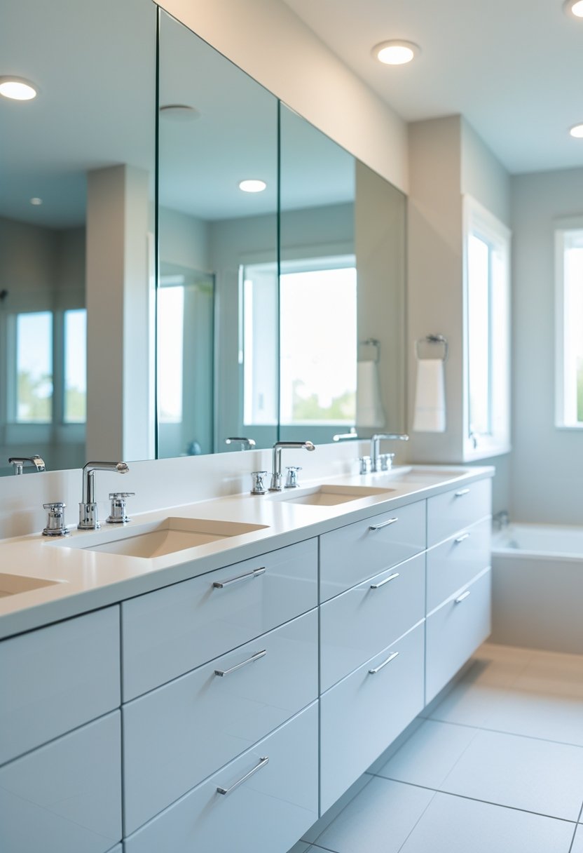 9 Bathroom Sink Cabinets for Stylish and Functional Storage Solutions 2 A bathroom with nine white vanity cabinets side by side, each with a sink and chrome faucet, under a large mirror.