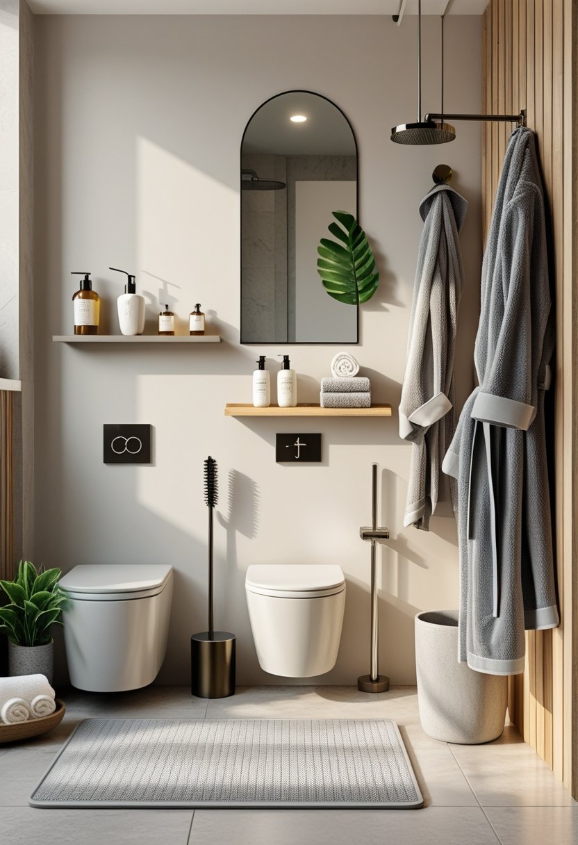 A modern bathroom interior displaying ten different bathroom accessories arranged neatly, including soap dispenser, toothbrush holder, towel rack, shelves with jars, shower caddy, waste bin, toilet brush holder, bath mat, robe hook with robe, and a small potted plant.