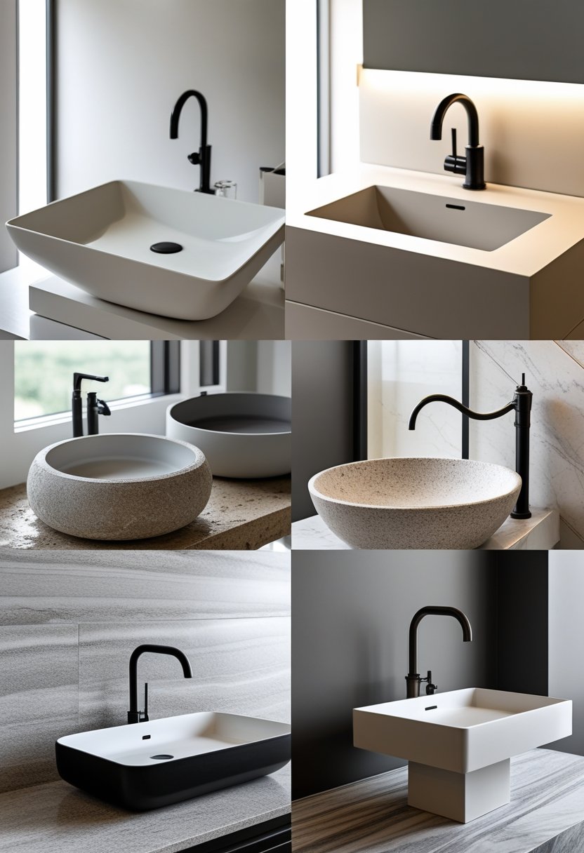 Seven different bathroom sinks displayed side by side in a bright showroom.