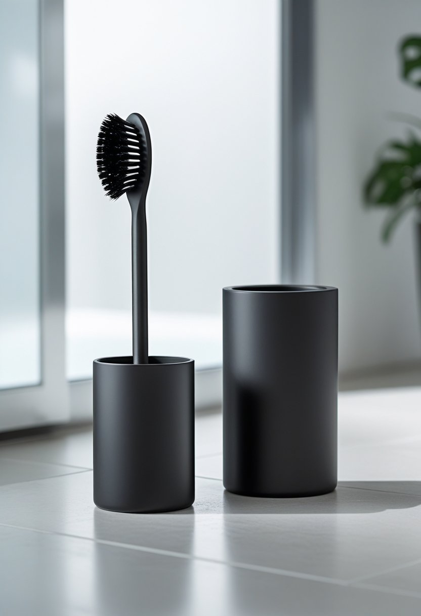 Matte black toilet brush and holder set placed on a bathroom floor with a clean background.