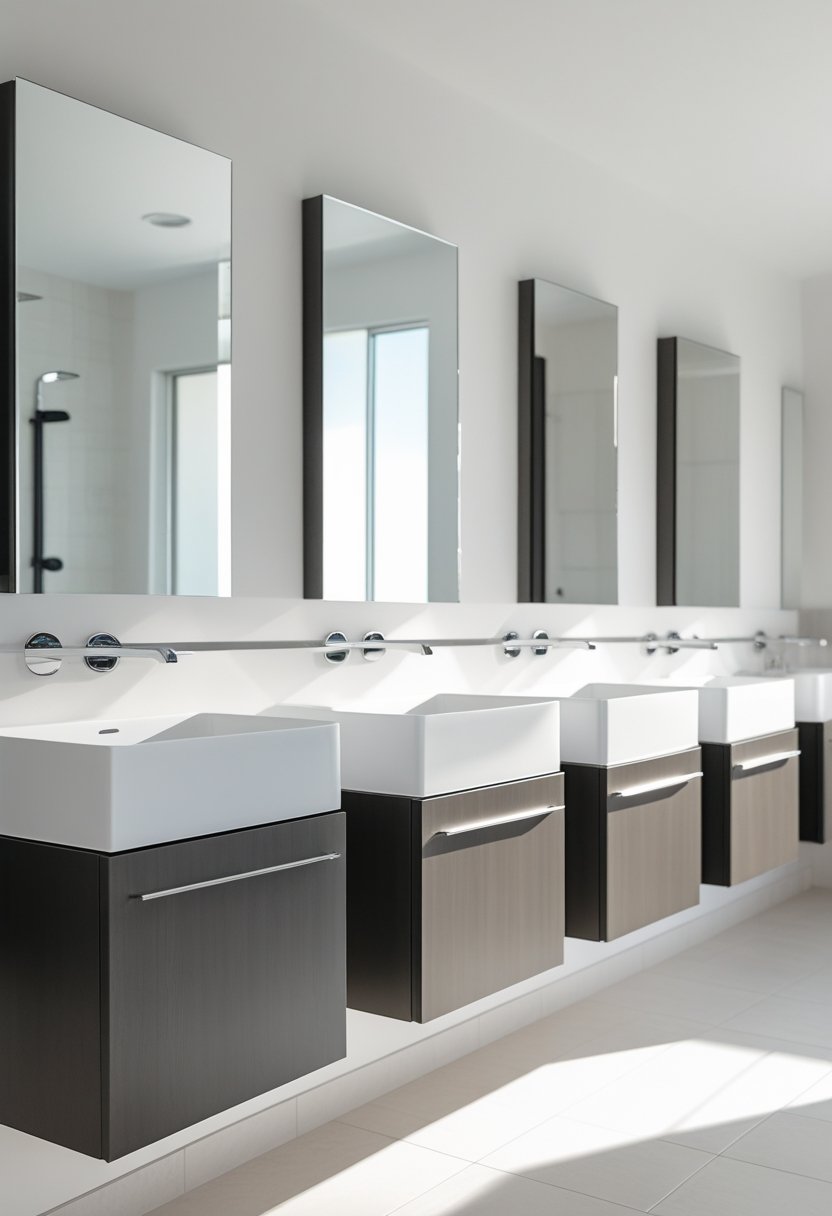 9 Bathroom Sink Cabinets for Stylish and Functional Storage Solutions 3 A bright bathroom with nine floating sink cabinets mounted along a wall, each with a white rectangular sink and chrome faucet.