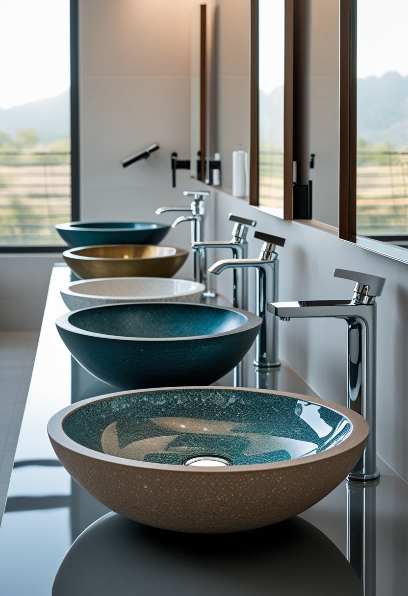Seven different bathroom vessel sinks displayed side by side on a countertop in a clean bathroom setting.