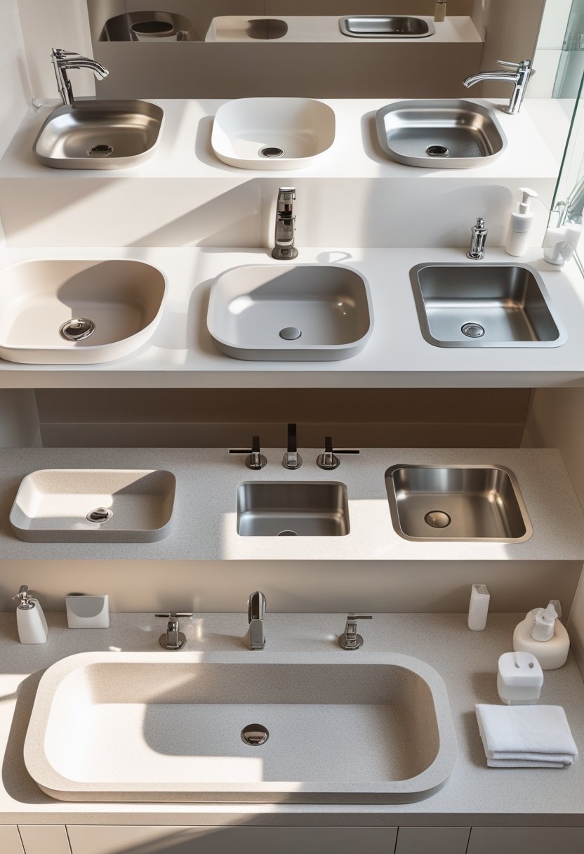 Seven undermount bathroom sinks installed beneath seamless countertops in a bright bathroom setting.