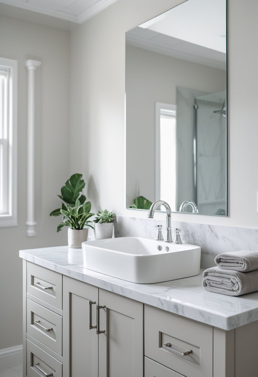 Bathroom with a marble top vanity featuring a sink, faucet, mirror, and minimal decor.