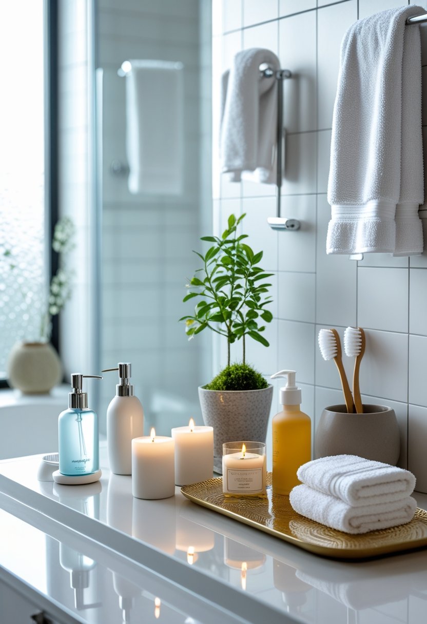 A modern bathroom with ten different bathroom accessories arranged on a countertop and shelves, including soap dispenser, toothbrush holder, candles, plant, towels, skincare bottles, towel rack, waste bin, bath brush, and shower caddy.