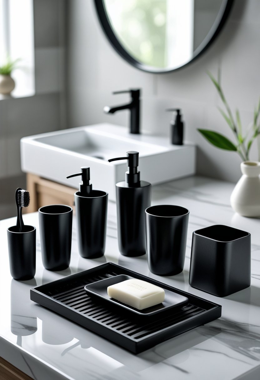 A black bamboo 6-piece bathroom accessory set arranged on a white marble countertop in a modern bathroom.