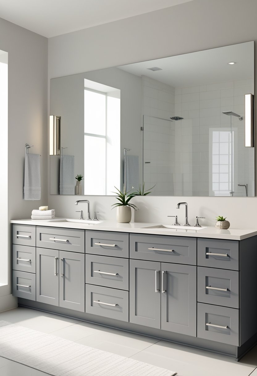 9 Bathroom Sink Cabinets for Stylish and Functional Storage Solutions 4 A bathroom with a double sink vanity featuring nine cabinets and two sinks under a large mirror.