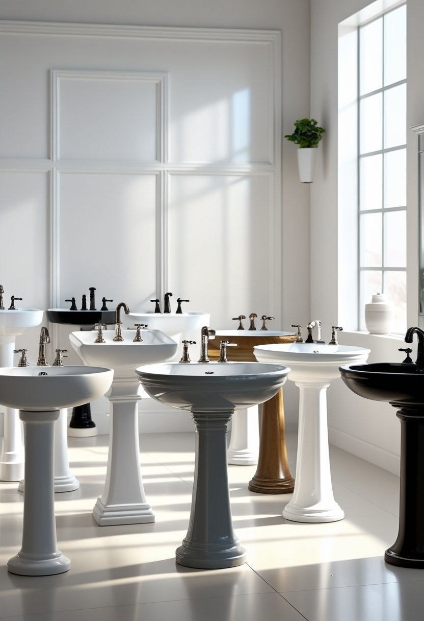 Seven different pedestal bathroom sinks displayed in a bright showroom, showing a variety of styles and designs with clear floor space beneath each sink.