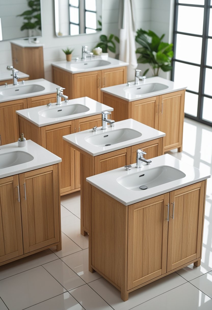 9 Bathroom Sink Cabinets for Stylish and Functional Storage Solutions 5 Nine oak bathroom sink cabinets with white sinks and chrome faucets arranged in a bright showroom.
