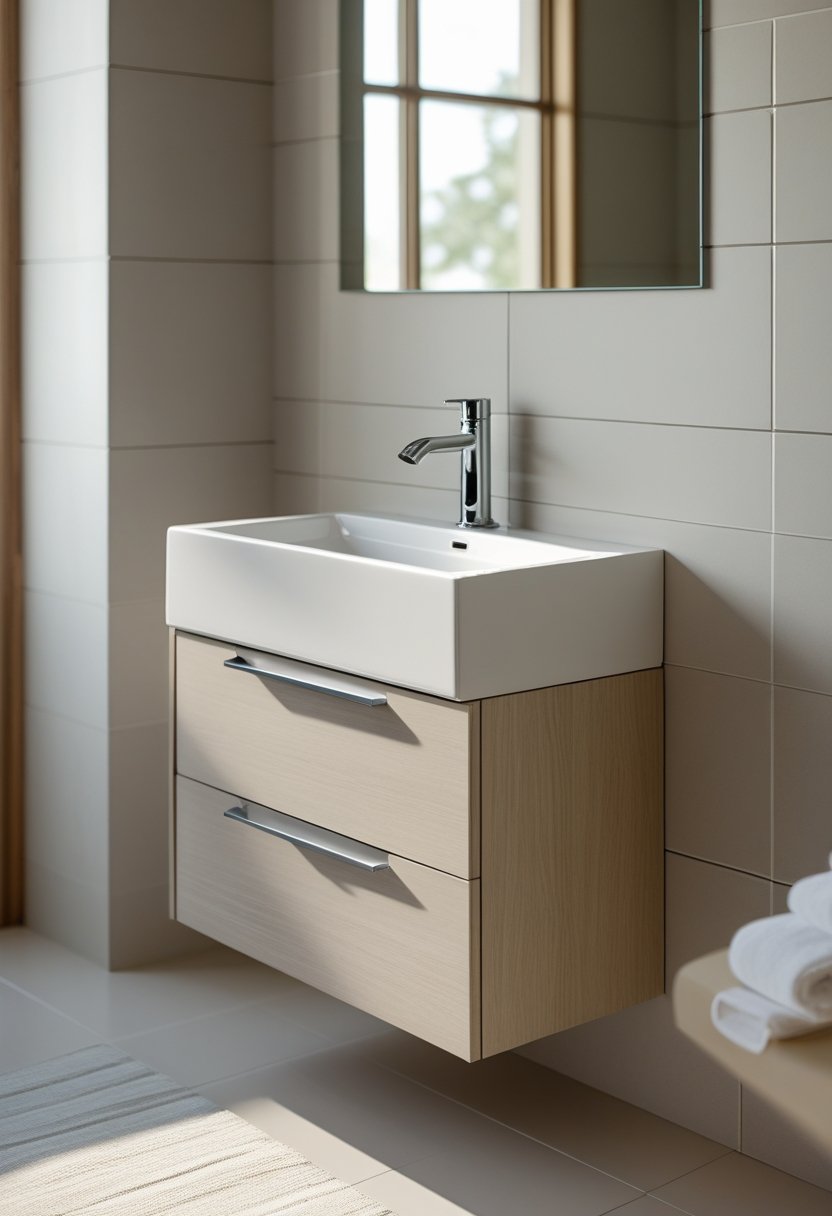 A modern bathroom with a white sink and light wood vanity featuring storage drawers and a chrome faucet.