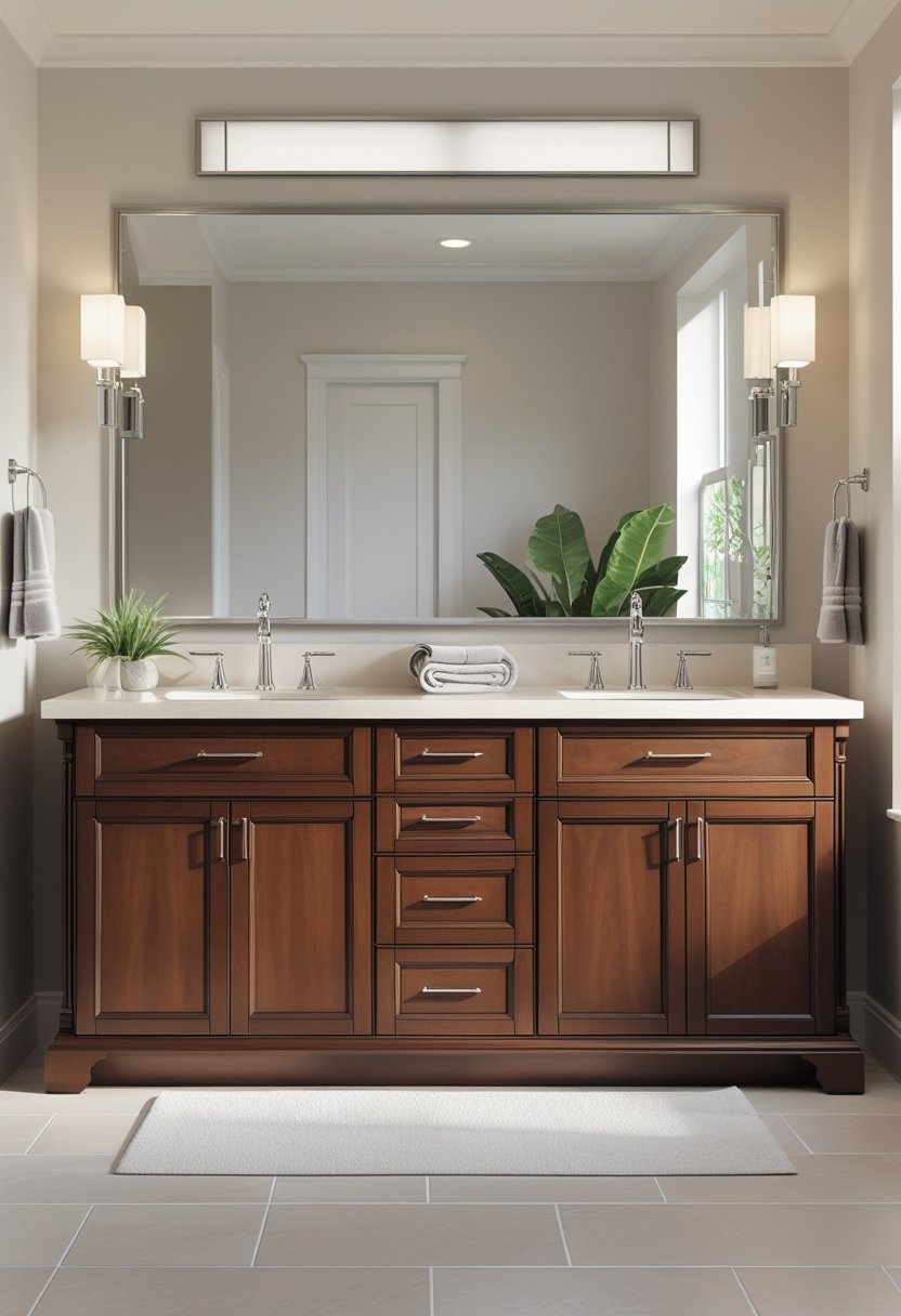 9 Bathroom Sink Cabinets for Stylish and Functional Storage Solutions 6 A bathroom with a large wooden vanity featuring nine cabinets and two sinks, a countertop, and a mirror above.