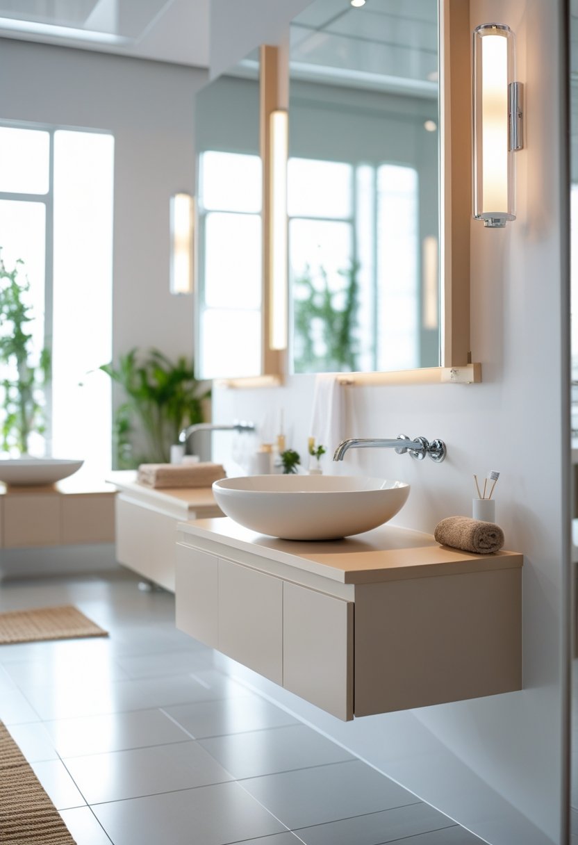 A modern bathroom with a wall-mounted vanity and a white vessel sink under a large mirror, with several similar vanities displayed in the background.