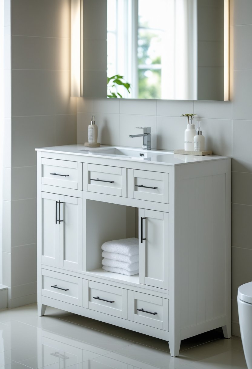 9 Bathroom Sink Cabinets for Stylish and Functional Storage Solutions 7 White wood bathroom storage cabinet with sink in a bright bathroom.