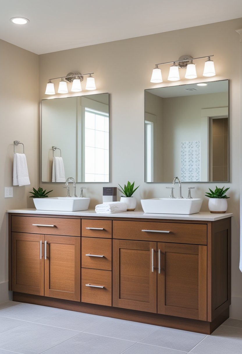 A bathroom with a free standing double sink vanity featuring two white sinks, mirrors above, and wooden cabinetry.