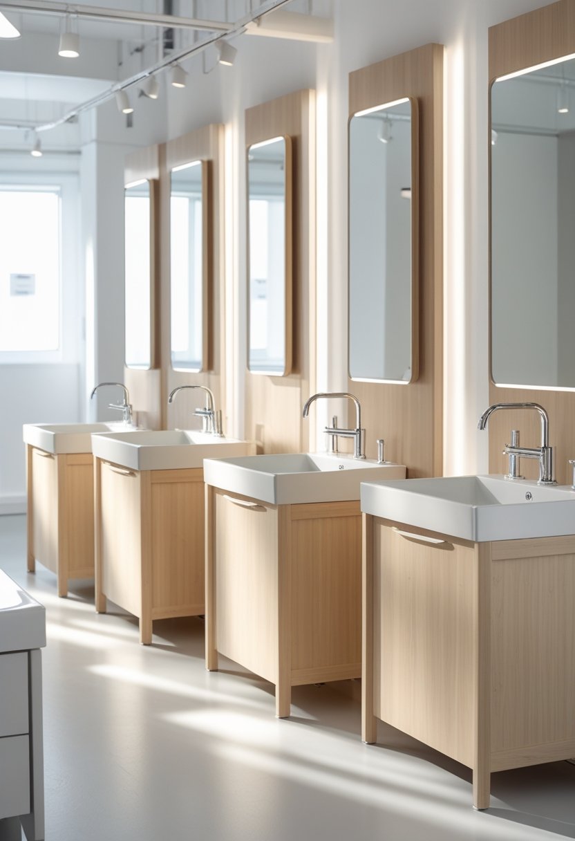 9 Bathroom Sink Cabinets for Stylish and Functional Storage Solutions 8 Nine IKEA bathroom sink cabinets with white sinks arranged in a bright showroom.