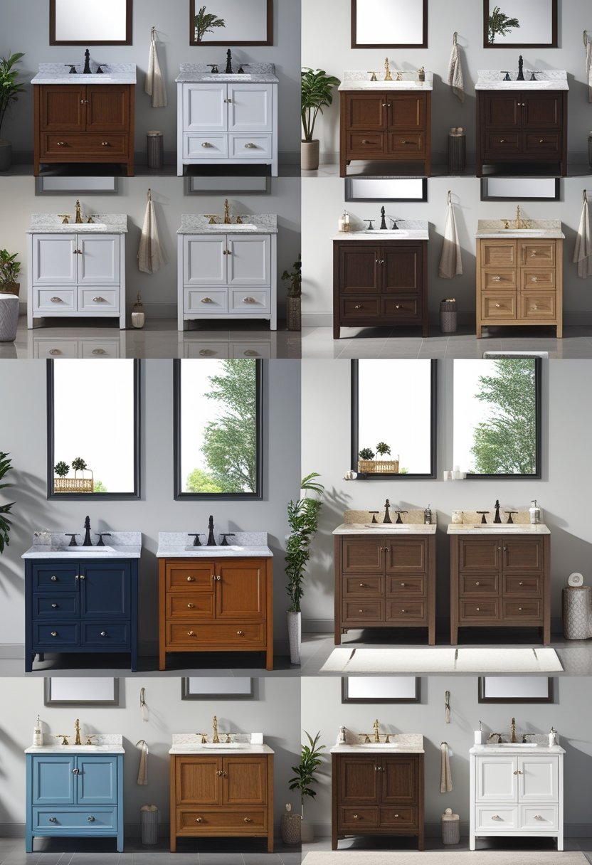 A showroom displaying ten different bathroom sink vanities arranged side by side with various designs and finishes.