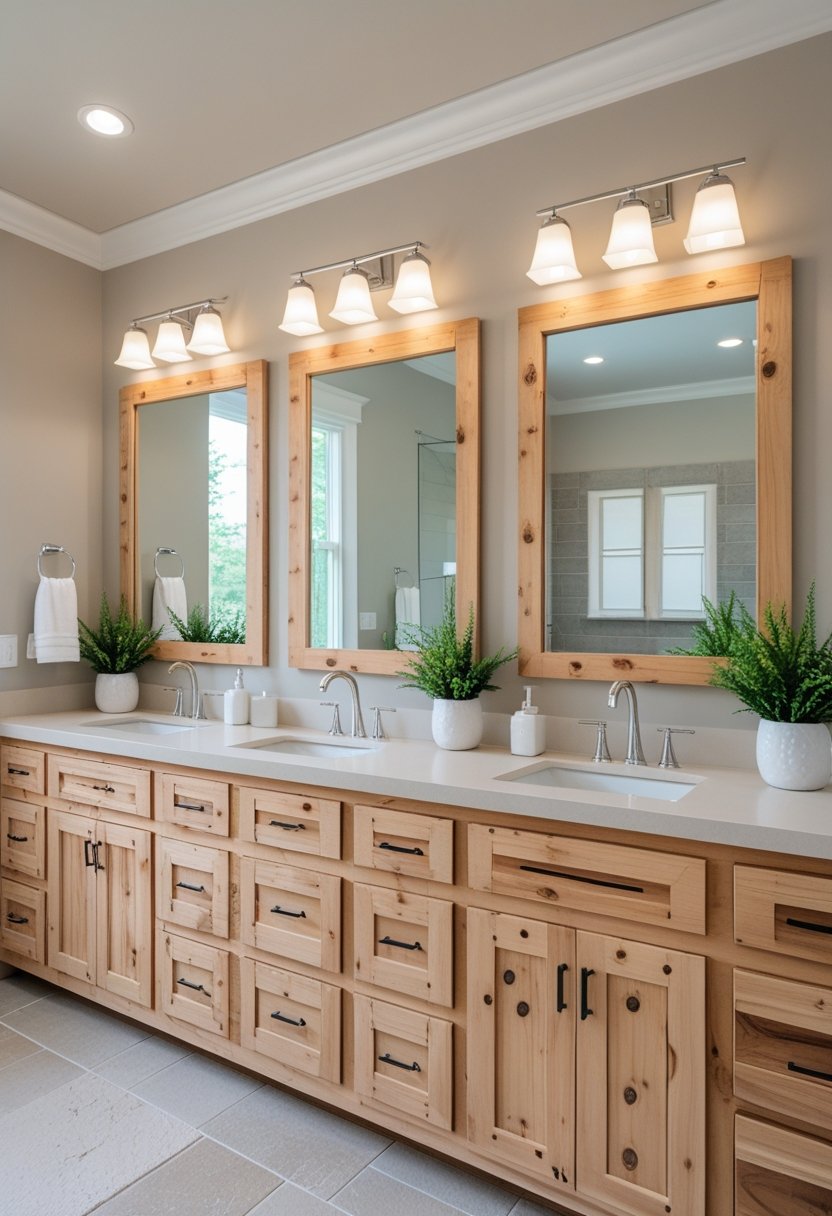 9 Bathroom Sink Cabinets for Stylish and Functional Storage Solutions 9 A bathroom with a large pine wood vanity featuring nine cabinets and two sinks, with mirrors above and light-colored tiled floor.